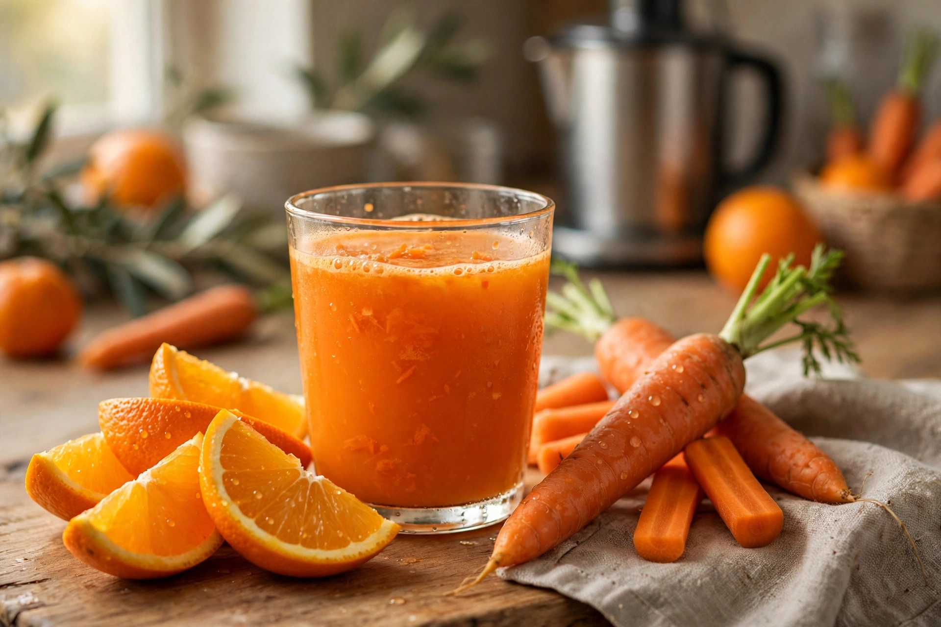Glass of fresh-pressed orange carrot citrus juice — Harlem Blends juice bar