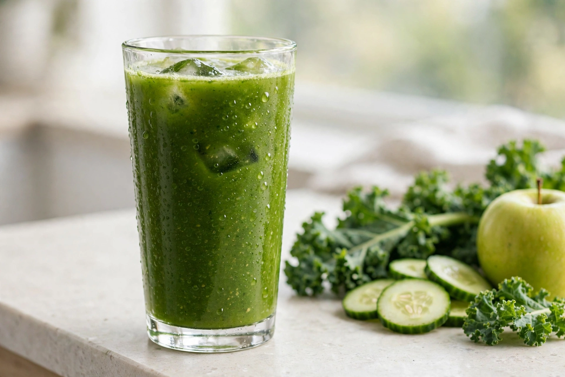 Tall glass of fresh green detox juice with kale, cucumber and apple — Harlem Blends juice bar