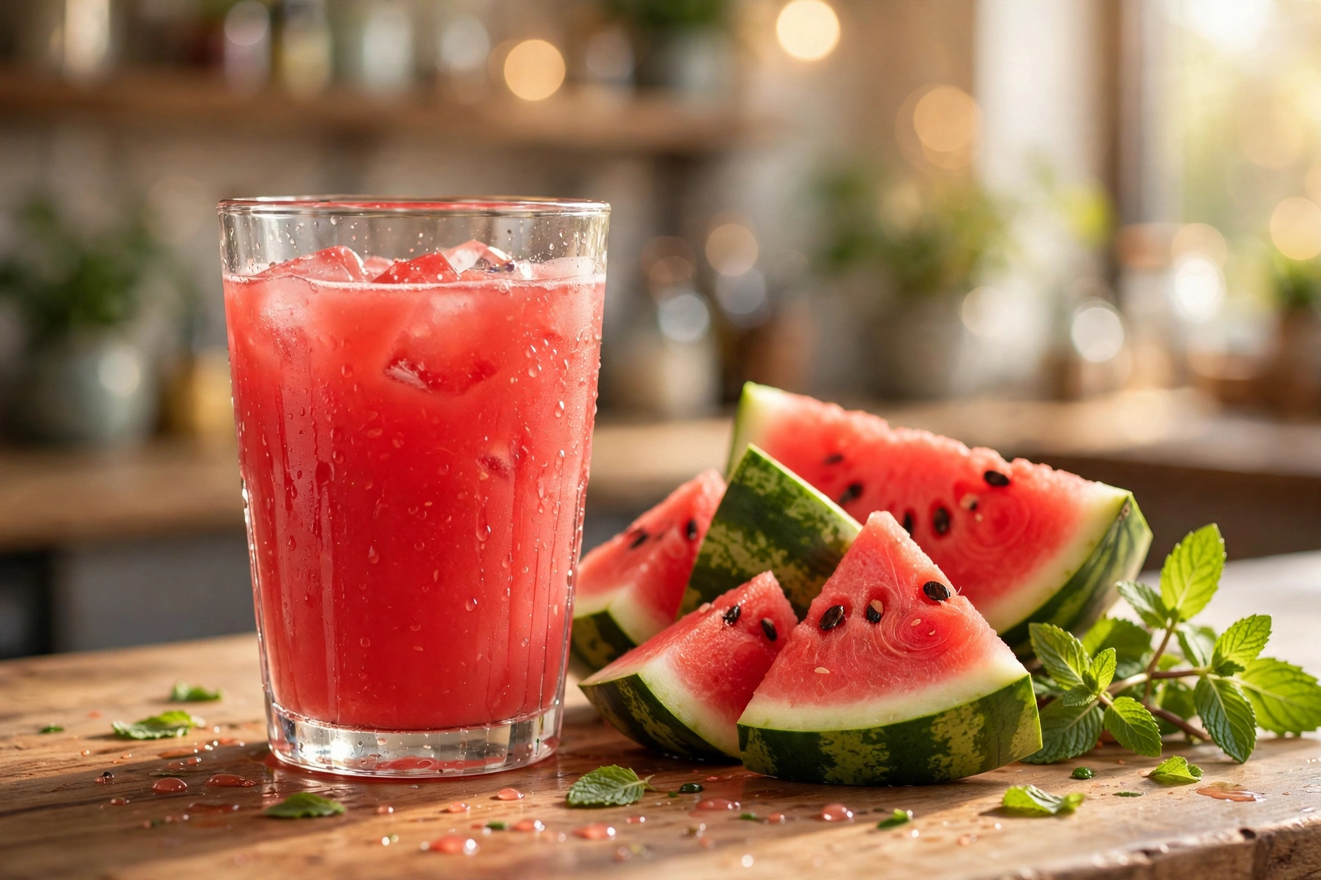 Glass of freshly pressed watermelon juice with mint — Harlem Blends juice bar