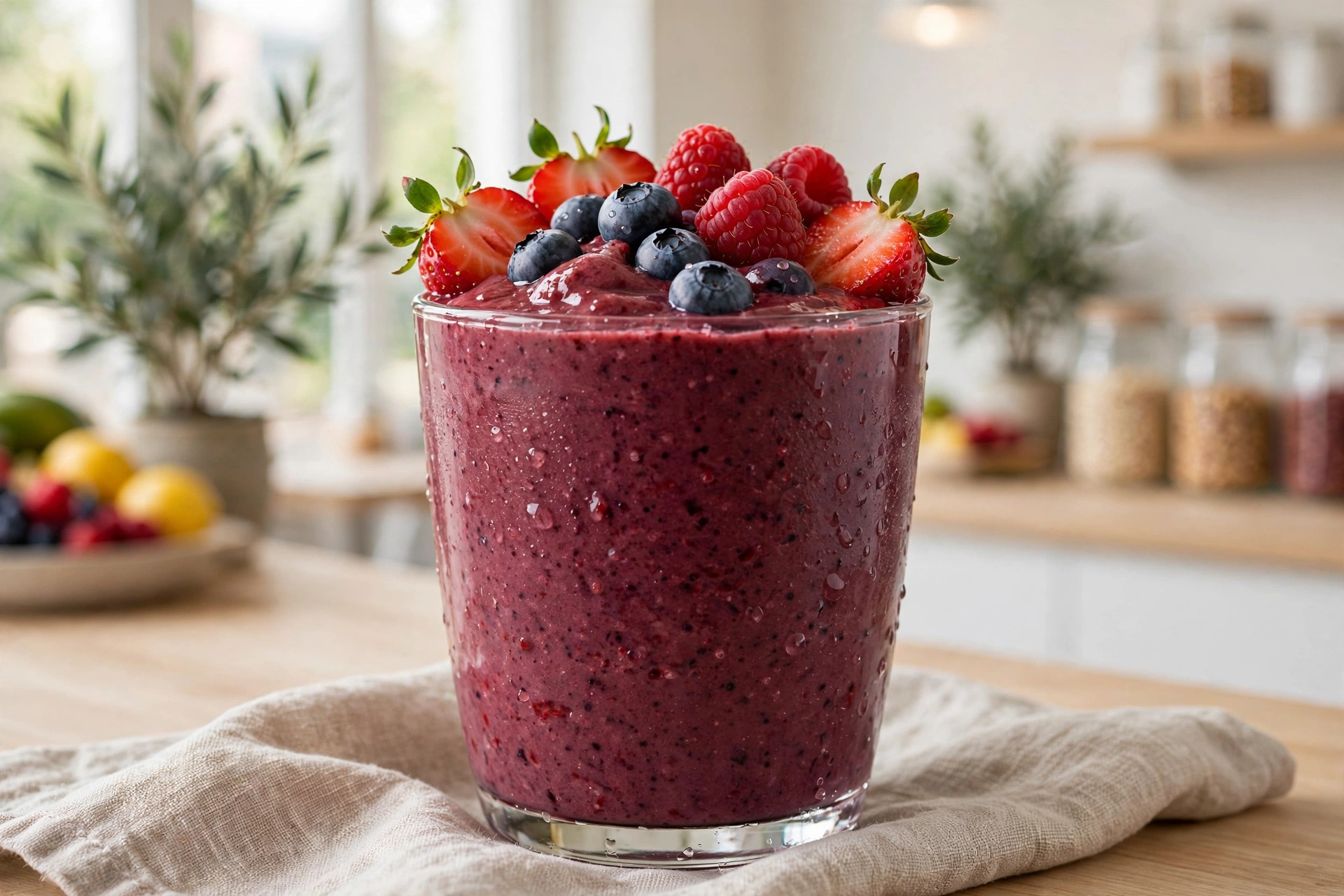 Thick berry smoothie topped with fresh strawberries, blueberries and raspberries — Harlem Blends juice bar